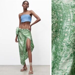 Zara Green Printed Wrap Skirt with Beaded Waist Size S